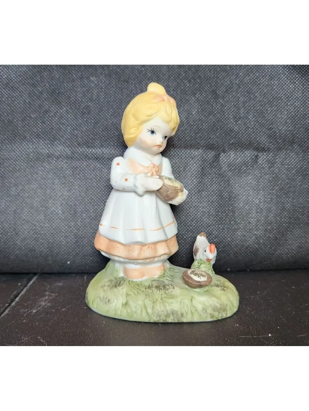 Porcelain Figurine Girl Feeding Chicken White Peach Dress Blonde Bun Farm Hen